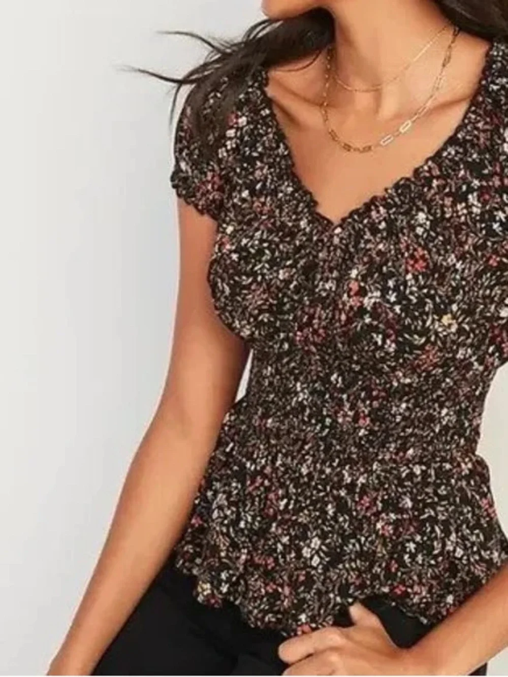 Old Navy Black Floral Puff Sleeve Smocked Peplum Blouse XL Cottagecore Top